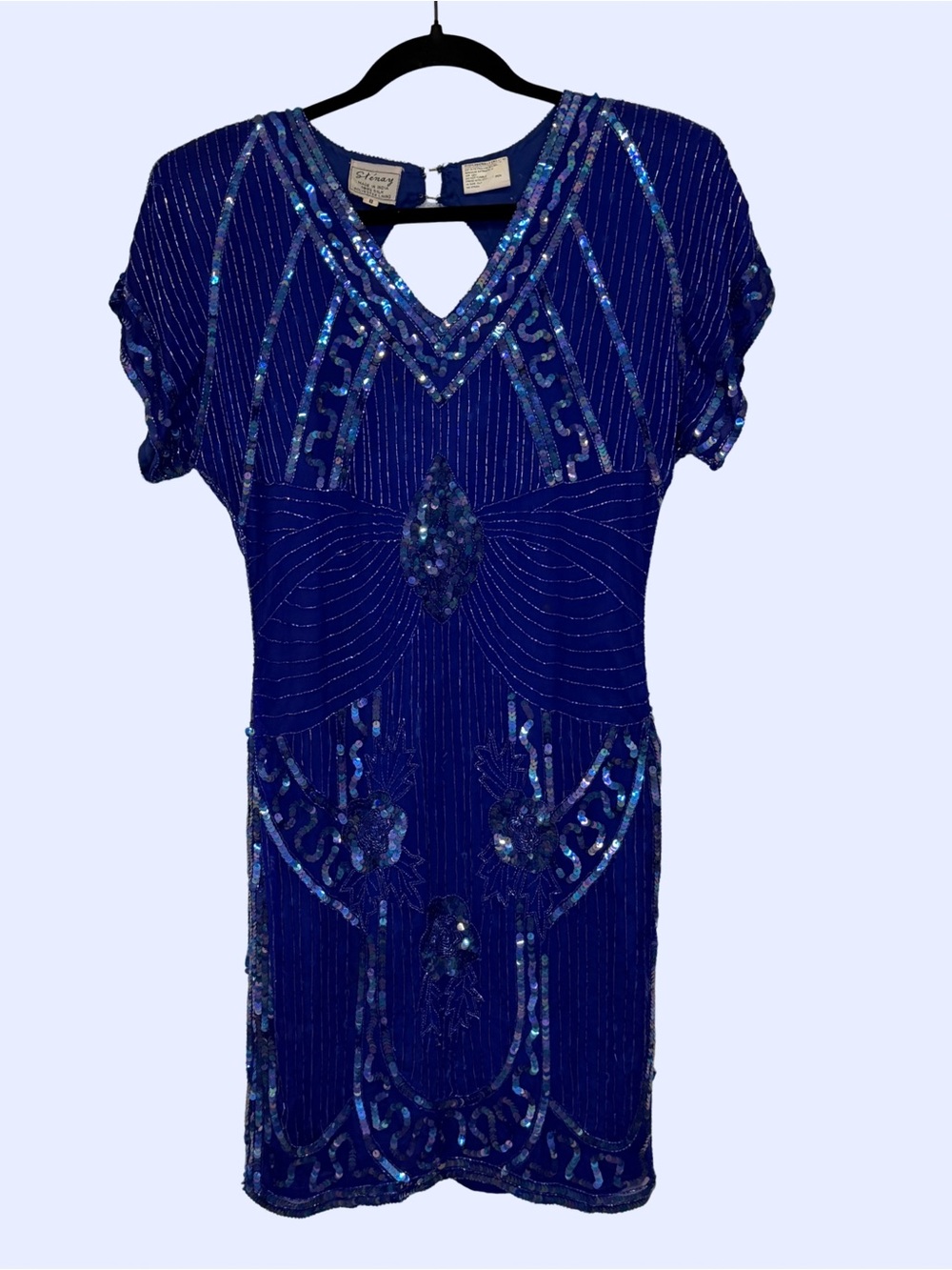 Vintage 80s Beaded Cobalt Blue Silk Mini Dress with V-Neck Keyhole